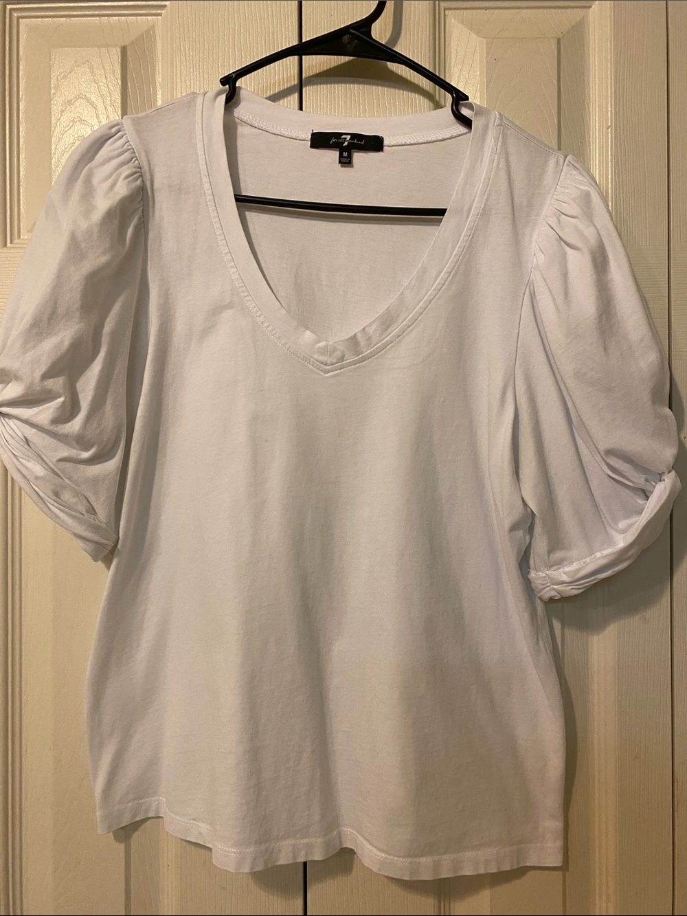 7 For All Mankind White V-Neck Puff Sleeve Tee